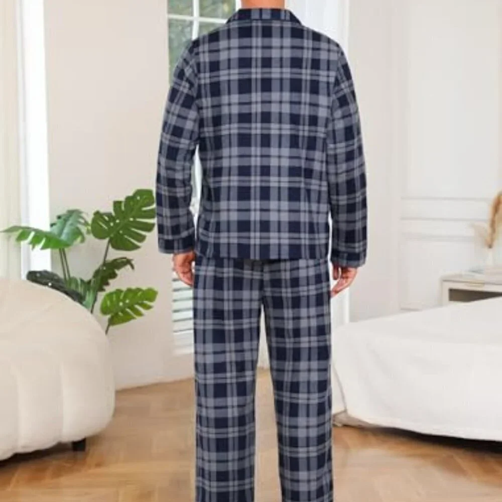 Men's Cotton Flannel Pajama Set Classic Plaid Button Front Sleepwear Lounge